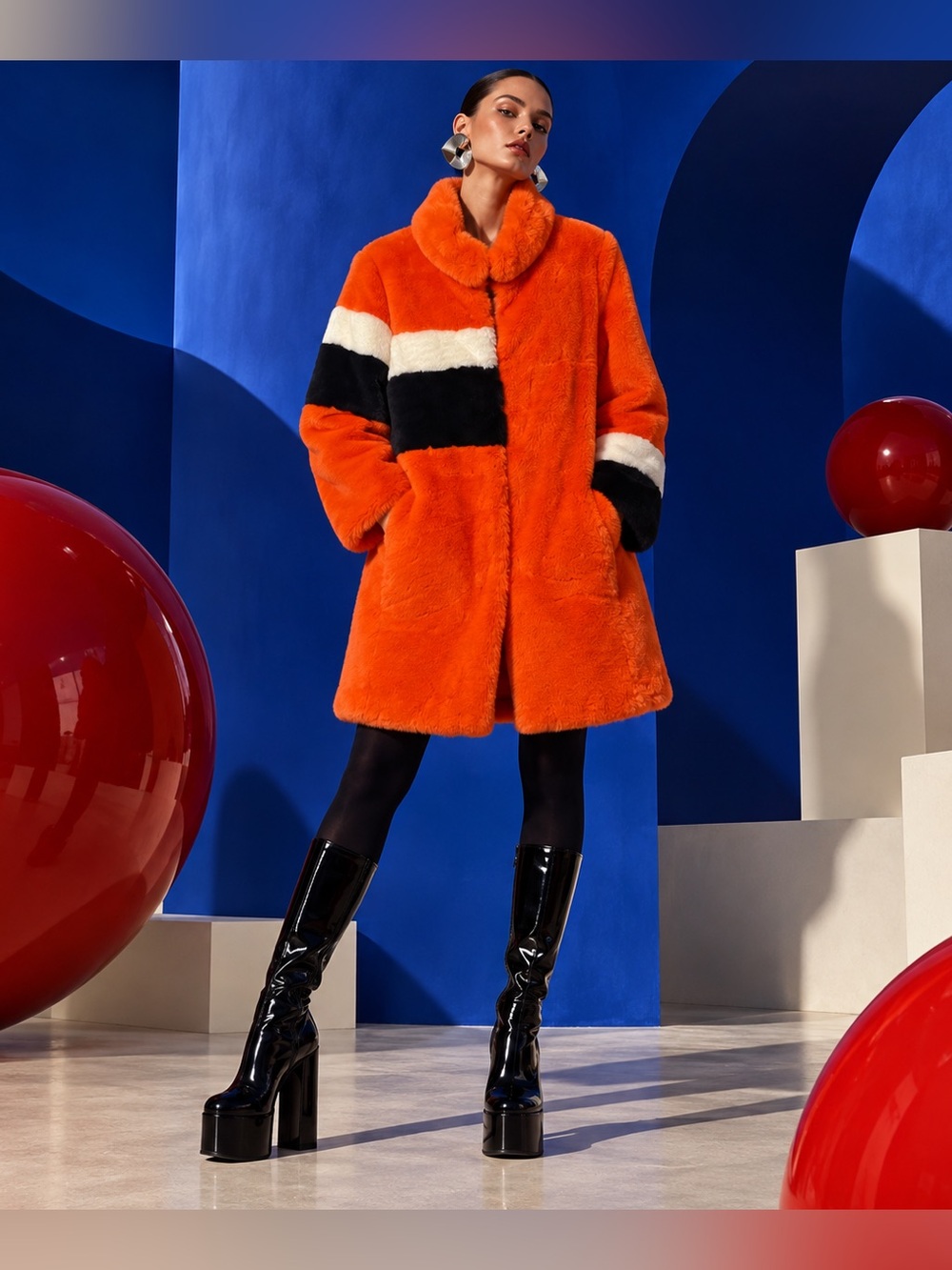 Marc Cain Orange Colourblock Faux-Fur Coat |Small